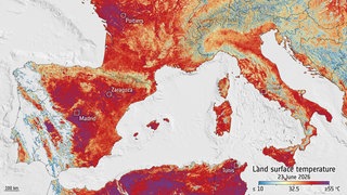 Symbolbild: Dieses Bild der Bodentemperatur wurde am Mittwoch, den 23. Juni, von der Copernicus Sentinel-3-Mission aufgenommen.