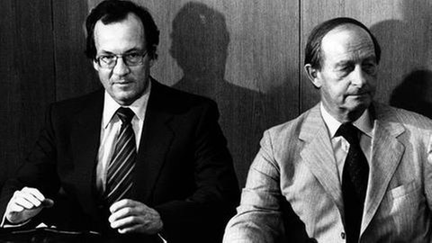 Stuttgarts Oberbürgermeister Manfred Rommel und der scheidende baden-württembergische Ministerpräsident Hans Filbinger am 16.8.1978