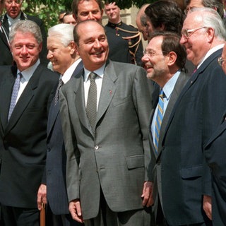 NATO-Generalsekretär Solana mit Bill Clinton, Boris Jelzin, Jaques Chirac und Helmut Kohl beim Nato-Russland-Gipfel am 27. Mai 1997