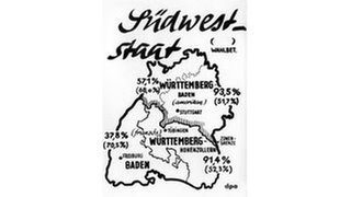 Die Mehrheit der Bevölkerung der drei südwestdeutschen Staaten hatte sich bei einer Volksabstimmung am 9.12.1951 für die Gründung eines gemeinsamen Bundeslandes, des sogenannten Südweststaates, ausgesprochen. So entstand Baden-Württemberg am 25.4.1952 aus den Ländern Baden, Württemberg-Baden und Württemberg-Hohenzollern. Die Grafik zeigt die Wahlergebnisse aus den vier Wahlzonen. Das Land Baden war für die Abstimmung in Nord und Süd entlang der Grenzen der Besatzungsmächte geteilt worden.