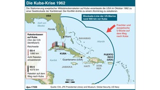 Übersichtskarte der Seebblockade und der Raketenbasen auf Kuba: Die Stationierung sowjetischer Mittelstreckenraketen auf Kuba veranlasste die USA im Oktober 1962 zu einer Seeblockade der Karibikinsel. Der Konflikt drohte zu einem Atomkrieg zu eskalieren. 