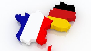 Grafik: Umrisse von Frankreich und Deutschland in den geweiligen Landesfarben - blau, weiß, rot bzw. schwarz, rot, gold