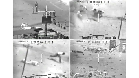 Sequenz von links oben nach rechts unten zeigt den tödlichen Angriff eines US-Kampfhubschraubers auf Zivilisten und zwei irakische Mitarbeiter der Nachrichtenagentur Reuters in Bagdad am 12. Juli 2007. Die in dem Webportal Wikileaks 2010 veröffentlichten dramatischen Aufnahme der Bordkamera zeigen, wie der Apache-Helikopter immer wieder auf Menschen am Boden feuert, sogar, als ein Kleinbus Verletzte von der Straße bergen will.