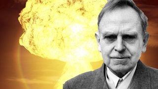Physiker und Nobelpreisträger Otto Hahn; im Hintergrund die Illustration einer Atombombenexplosion