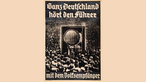 Mit der Verbreitung des Volksempfängers wird der Rundfunk zum Propagandainstrument des Staates. – Plakat nach Leonid, 1936, mit der Auschrift: : "Ganz Deutschland hört den Führer mit dem Volksempfänger"