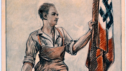 Propagandaplakat zum 1. Mai, dem "Tag der Nationalen Arbeit": Ein Mann hält in der rechten Hand einen Hammer, der auf einem Amboss liegt, mit der linken eine Hakenkreuzfahne (Illustration, um 1935)