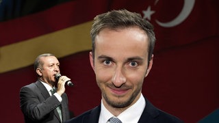 Collage: Recep Tayyip Erdoğan und Jan Böhmermann; dahinter die deutsche und die türkische Flagge. 2016 hatte das Gedicht des Satirikers eine diplomatische Krise mit der Türkei ausgelöst.
