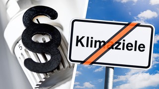 Paragrafenzeichen auf Heizungsthermostat und Schild mit durchgestrichener Aufschrift Klimaziele, Symbolfoto