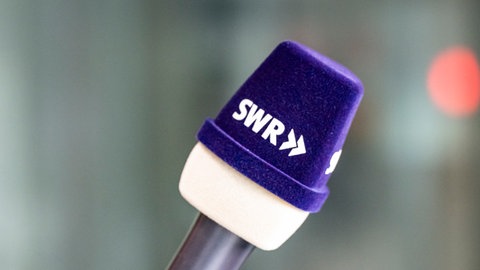 Blauer Windschutz für Mikrofone mit weißem SWR Logo