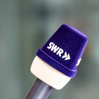 Blauer Windschutz für Mikrofone mit weißem SWR Logo