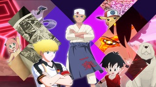 Collage, bestehend aus Charakteren aus Anime Szenen vor einem lila X.