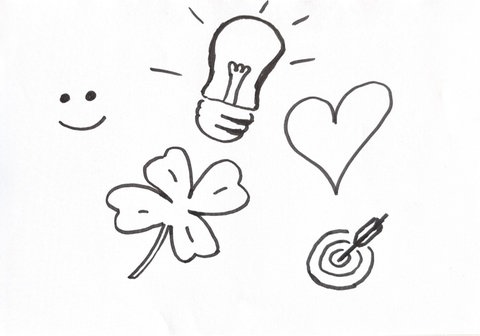 Bild mit einer Glühbirne, einem Smiley, Kleeblatt, einem Herz und einer Zielscheibe mit Pfeil