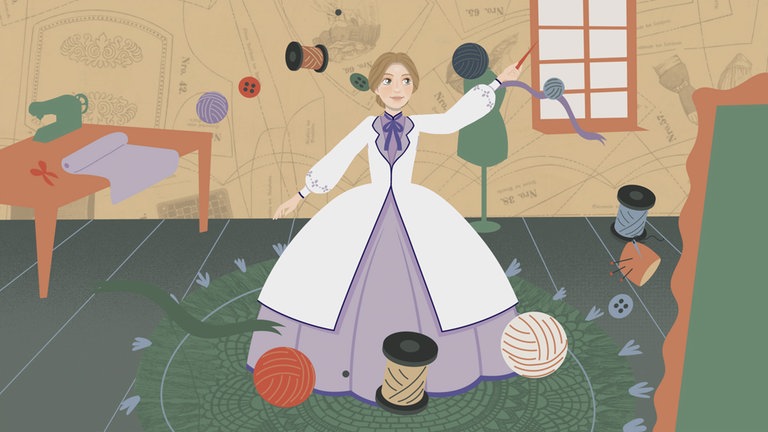 Ausschnitt aus der Animation zur Episode "Margarete Steiff". Die animierte Margarete steht in einem Raum, um sie herum fliegen Wollknäuel, Knöpfe und Garne. 