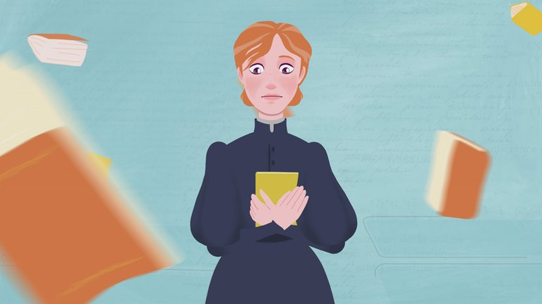 Die animierte Marie Curie steht im Zentrum mit verschränkten Armen um ein Buch geklammert. Um sie herum fliegen weitere Bücher.