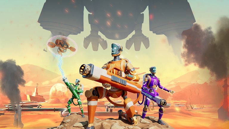 Keyvisual des Virtual Reality Experiments "GreenGuardiansVR" zeigt die Spieleroboter in einer virtuellen Welt, in die sich die Mitspielenden verwandeln.