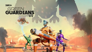 Keyvisual des Virtual Reality Experiments "GreenGuardiansVR" zeigt die Spieleroboter in einer virtuellen Welt, in die sich die Mitspielenden verwandeln.