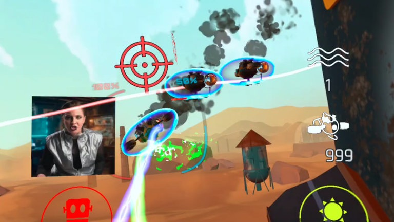 In Snap6 aus dem Virtual Reality Game "GreenGuardiansVR" steht die Rebellin Alena (gespielt von Itzjanina) beim Kampf gegen feindliche Öldrohnen zur Seite.