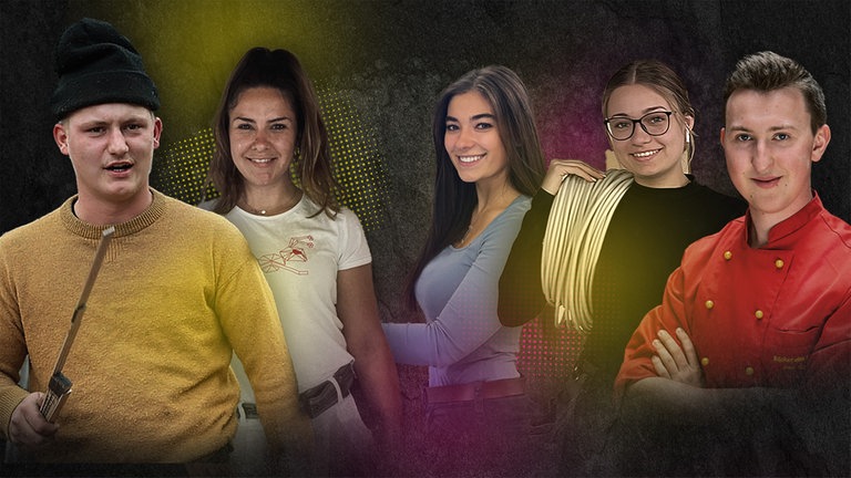 Collage der teilnehmenden Handwerksprofis (v.l.n.r.): Maurice Odendahl, Nina Manno, Mara Pischl, Anna-Lena Hochuli, Paul Süpke