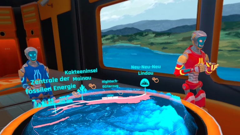 Snap aus dem Virtual Reality Game "GreenGuardiansVR" zeigt einen holografischen Kartentisch mit Missionen und Orten, die z.B. „Zentrale der fossilen Energie“ und „Neu-Neu-Neu Lindau“ heißen.