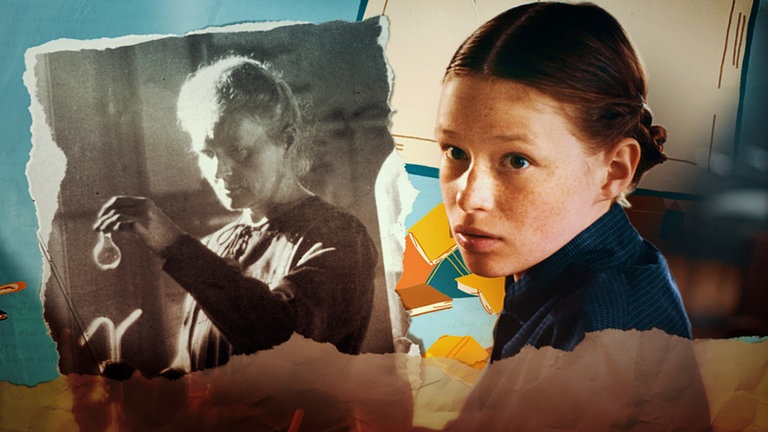 Collage aus Archivbild von Marie Curie und Filmfigur.