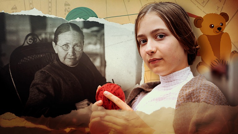 Collage aus historischem Porträt von Margarete Steiff und ihrer Filmfigur.