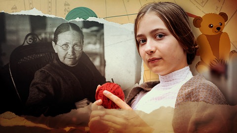 Collage aus historischem Porträt von Margarete Steiff und ihrer Filmfigur.