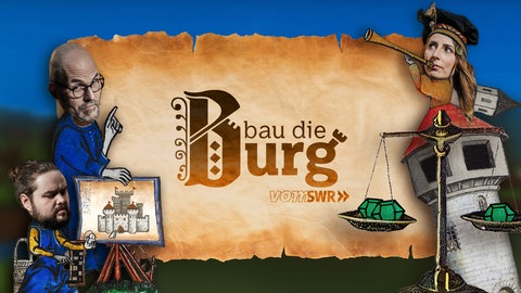 Das Keyvisual von „Bau die Burg“ mit Clym, Andrej Pfeiffer-Perkuhn (aka Geschichtsfenster) und Sofia Kats.