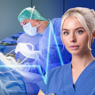 Die Unfallklinik, Folge 6: Bildmontage mit Pflegerin Kim Schiele vor operierendem Arzt.