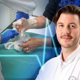 Die Unfallklinik, Folge 4: Bildmontage mit Dr. Patrick Rhodius, hinter ihm eine OP-Szene. 
