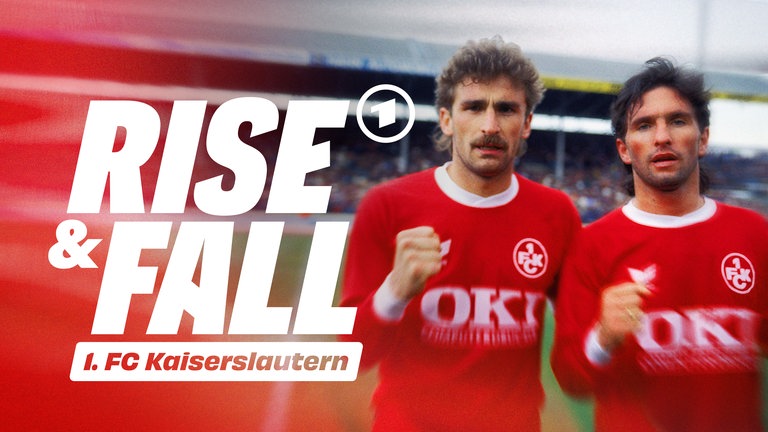 Keyvisual von "Rise & Fall of 1. FC Kaiserslautern" zeigt das Sturmduo Stefan Kuntz (li.) und Bruno Labbadia (re.) in ihren roten Trikots mit Sponsoraufschrift OKI.