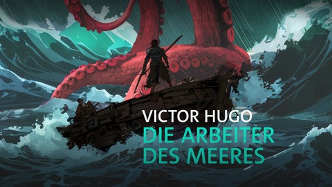 Zeichnung zu „Die Arbeiter des Meeres” mit roter Riesenkrake, schwerem Seegang und kleinem Boot im Vordergrund