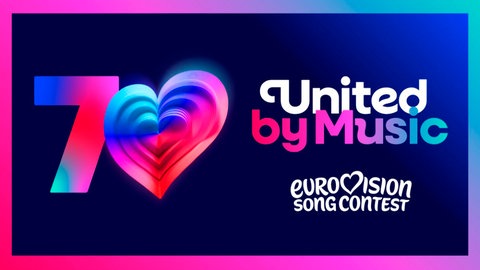 Signet zum ESC mit der Zahl 70 in Herzform und dem Titel des diesjährigen Wettbewerbs "United in Music"