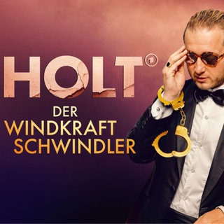 Collage des Keyvisuals zeigt Hendrik Holt im Smoking und mit Sonnenbrille vor einem goldfarbenen Hubschauer. An seinem rechten Handgelenk baumeln goldfarbene Handschellen.