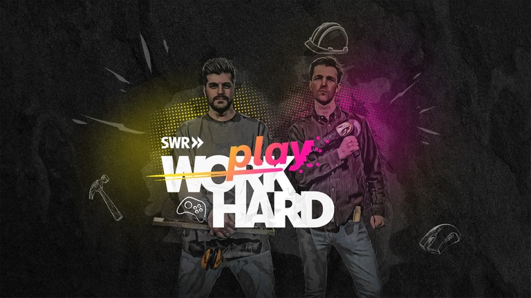 Keyvisual "Work hard - play hard" zeigt die Hosts Kimon Schanze und Ilyas Buss, die mit jungen Nachwuchshandwerker:innen Gaming-Klassiker checken.