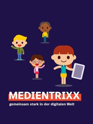 Medientrixx - vier Kinder comicartig vor blauem Hintergrund