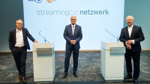 Vorstellung Projekt des ARD-ZDF-Streaming-Netzwerks. V.l.n.re.: Prof. Kai Gniffke (Intendant  SWR), Dr. Thomas Bellut (Intendant ZDF) und Tom Buhrow (ARD-Vorsitzende und Intendant WDR)