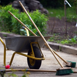 Schubkarre mit zwei Besen