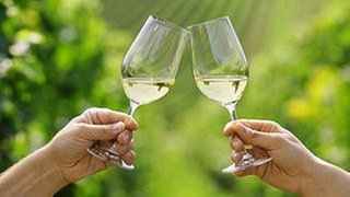 Zei Personen prosten sich mit einem Glas Weißwein zu. Im Hintergrund sieht man unscharf Weinhänge.