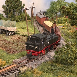 Herbstzeit ist Erntezeit und so fährt im Schmalspur-Güterzug, gezogen von einer IVK, auch ein mit Rüben beladener Güterwagen in Richtung Oschatz.