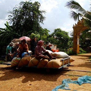 Das Gewicht der Ladung und der Passagiere hält die Bambusbahn auf den ramponierten Gleisen.