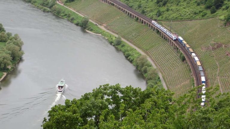Die beste Aussicht auf eine der größten Moselschleifen hat man vom Prinzenkopfturm aus, hier der Blick Richtung Zell.