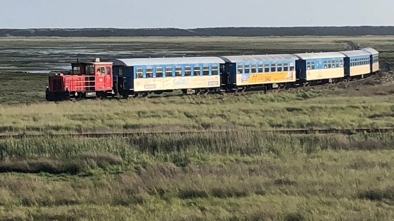 Zug in Richtung Bahnhof Wangerooge am Nachmittag
