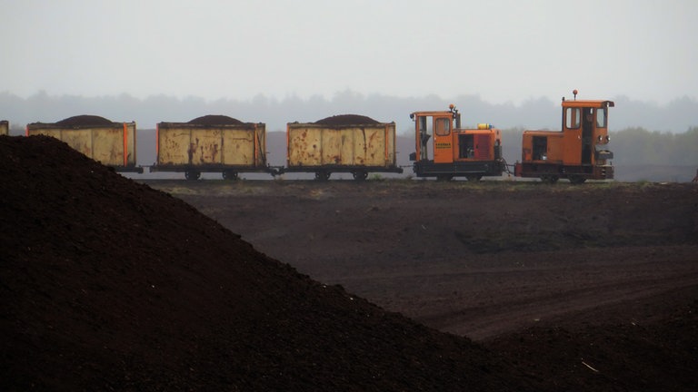 Hinter einem aufgetürmten Moorberg taucht plötzlich eine kleine Bahn auf, in diesem Fall sogar mit Doppeltraktion vorwärts-rückwärts.