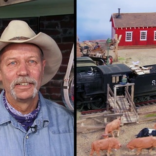Mann in Cowboy-Kleidung und Eisenbahnmodell