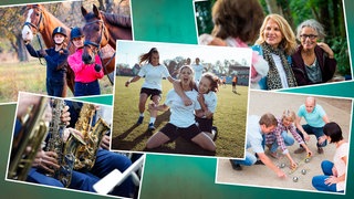 Montage von Menschen, die in unterschiedlichen Sportarten und Hobbies dargestellt werden.