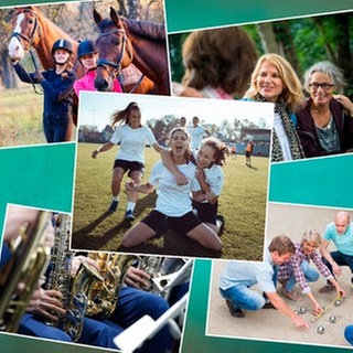 Montage von Menschen, die in unterschiedlichen Sportarten und Hobbies dargestellt werden.