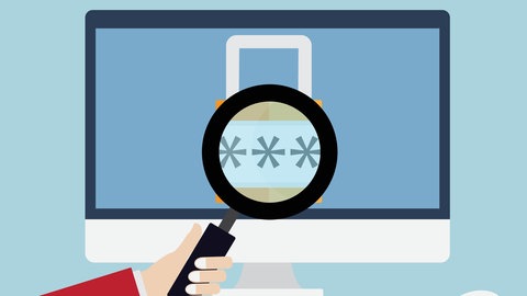 Computer-Bildschirm auf dem ein Schloss zu sehen ist. Eine Hand hält eine Lupe darüber, durch die Sternchen zu sehen sind.