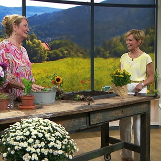 Moderatorin Evelin König und Gartenbauingenieurin Heike Boomgaardeb