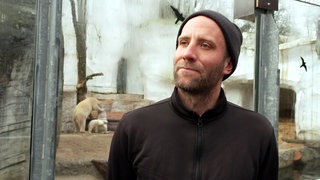 Tierpfleger Moritz Ehlers steht vor dem Eisbär-Gehege im Karlsruher Zoo
