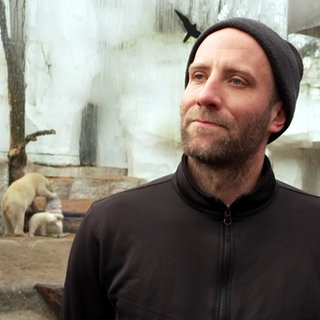 Tierpfleger Moritz Ehlers steht vor dem Eisbär-Gehege im Karlsruher Zoo